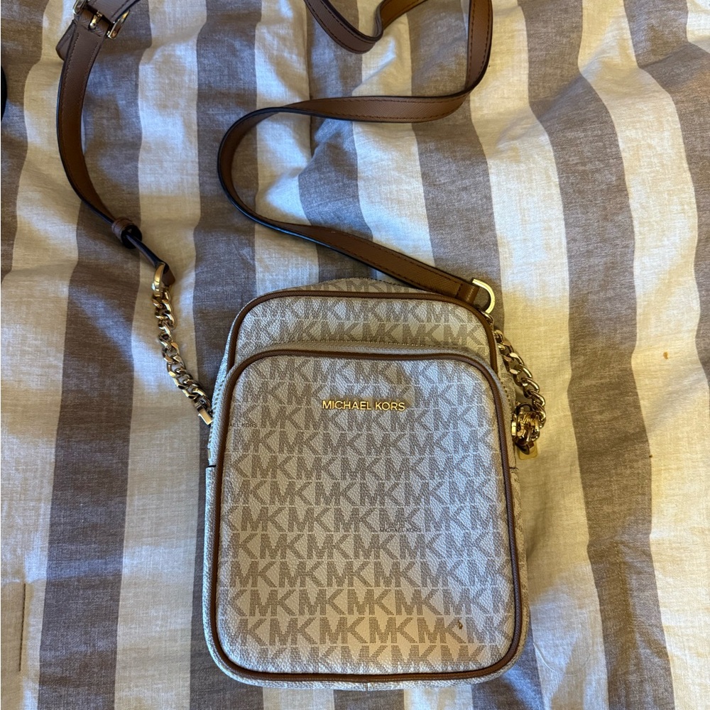 Michael Kors Beige and Brown MK Print Crossbody Bag